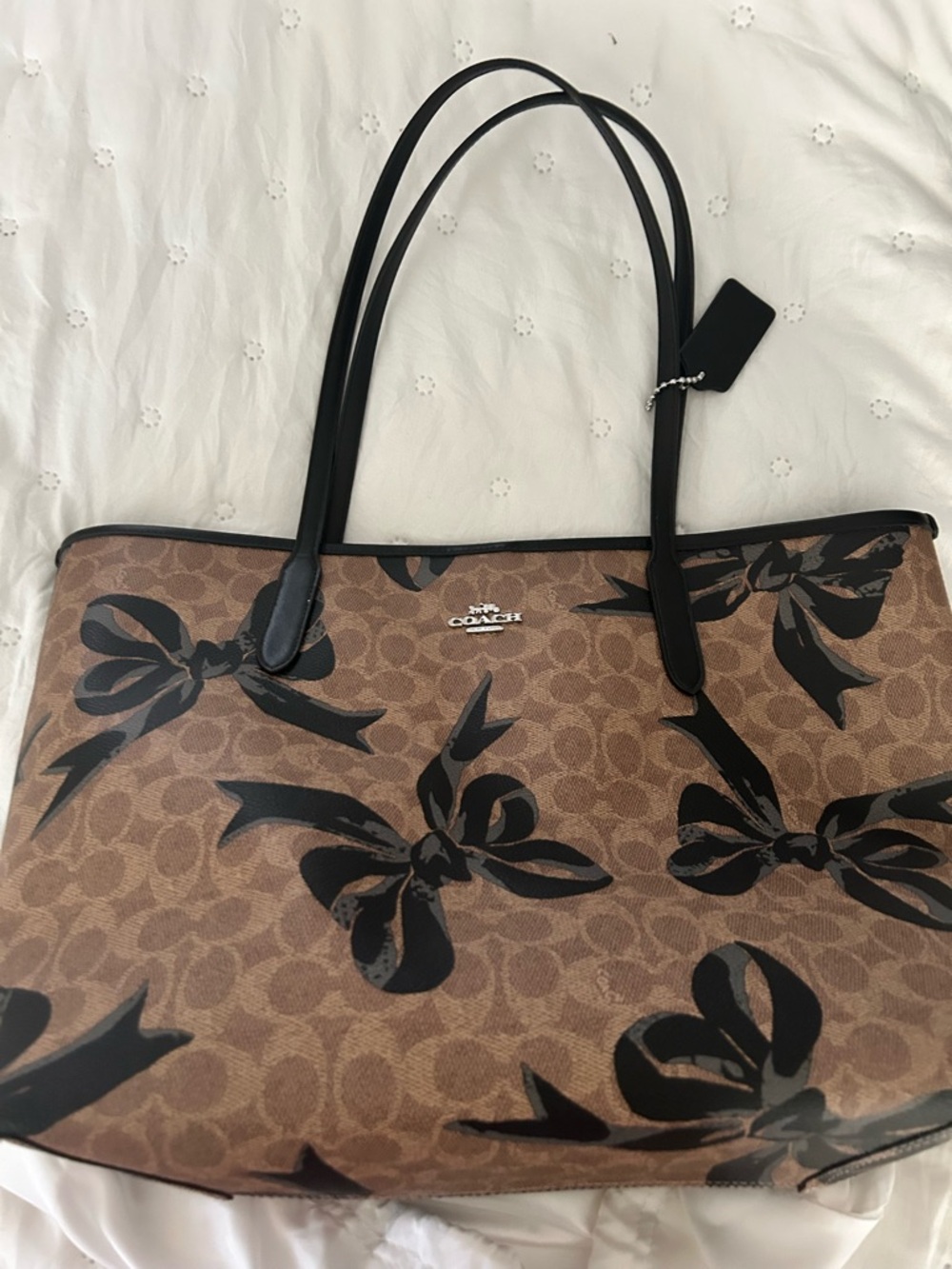 Coach Brown Signature Canvas Tote with Black Bow Accents